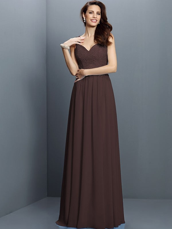 A-Line Charming V-neck Lace Sleeveless Long Chiffon Bridesmaid Dresses