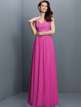 A-Line Charming V-neck Lace Sleeveless Long Chiffon Bridesmaid Dresses