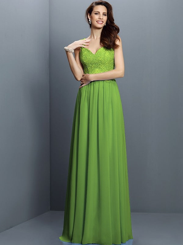 A-Line Charming V-neck Lace Sleeveless Long Chiffon Bridesmaid Dresses