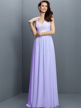 A-Line Charming V-neck Lace Sleeveless Long Chiffon Bridesmaid Dresses