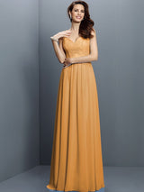 A-Line Charming V-neck Lace Sleeveless Long Chiffon Bridesmaid Dresses