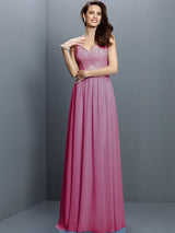 A-Line Charming V-neck Lace Sleeveless Long Chiffon Bridesmaid Dresses