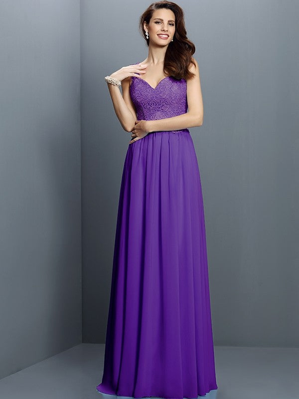 A-Line Charming V-neck Lace Sleeveless Long Chiffon Bridesmaid Dresses