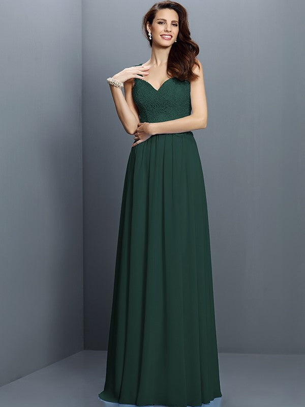 A-Line Charming V-neck Lace Sleeveless Long Chiffon Bridesmaid Dresses