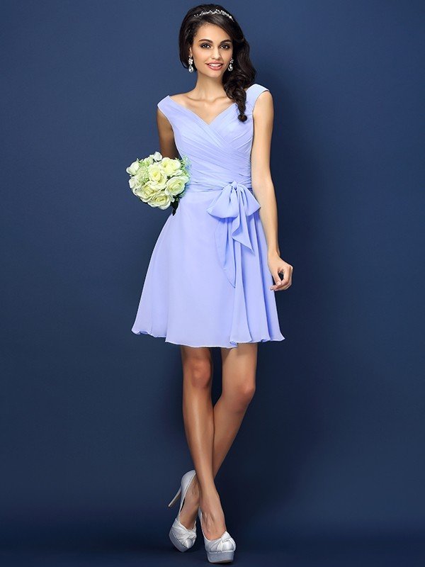 A-Line Charming V-neck Pleats Bowknot Sleeveless Short Chiffon Bridesmaid Dresses