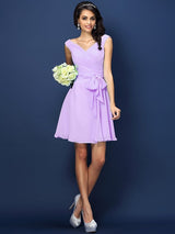 A-Line Charming V-neck Pleats Bowknot Sleeveless Short Chiffon Bridesmaid Dresses