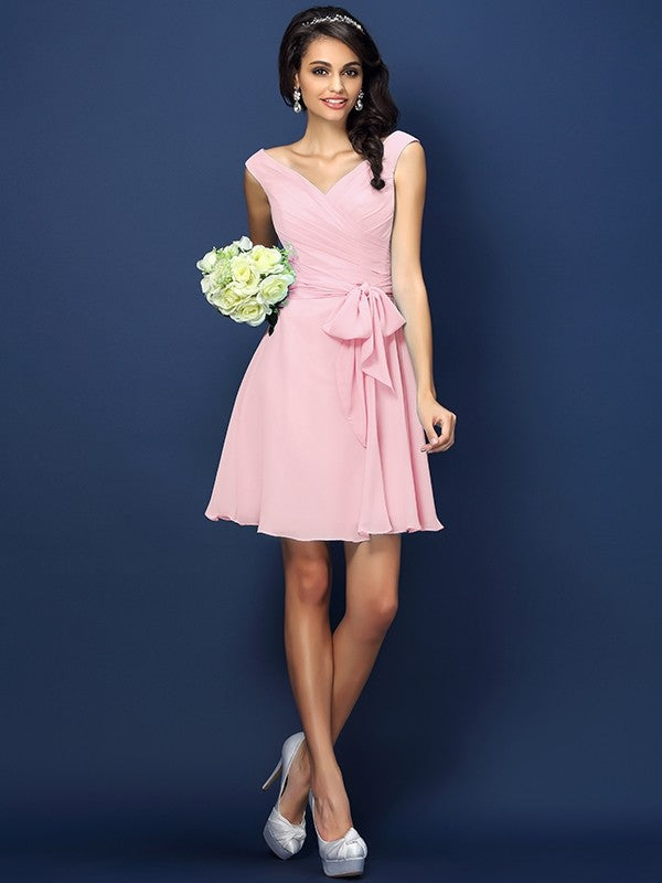 A-Line Charming V-neck Pleats Bowknot Sleeveless Short Chiffon Bridesmaid Dresses