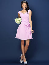 A-Line Charming V-neck Pleats Bowknot Sleeveless Short Chiffon Bridesmaid Dresses