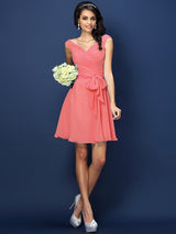 A-Line Charming V-neck Pleats Bowknot Sleeveless Short Chiffon Bridesmaid Dresses