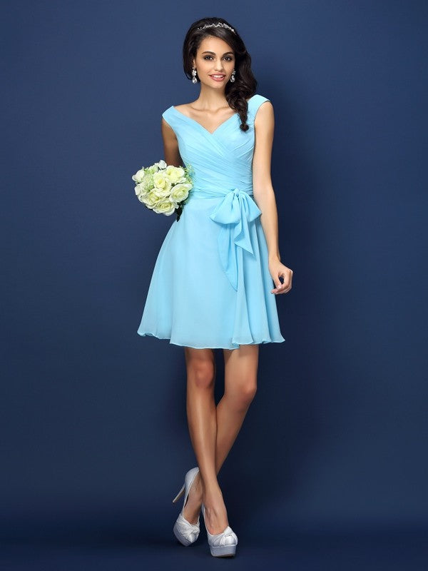 V-Neck Elegant Pleats Bowknot Sleeveless Short Chiffon Bridesmaid Dresses