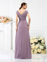 A-Line Charming V-neck Pleats Short Sleeves Long Chiffon Bridesmaid Dresses