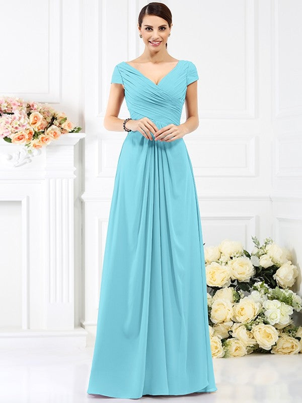 A-Line Charming V-neck Pleats Short Sleeves Long Chiffon Bridesmaid Dresses