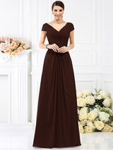 A-Line Charming V-neck Pleats Short Sleeves Long Chiffon Bridesmaid Dresses