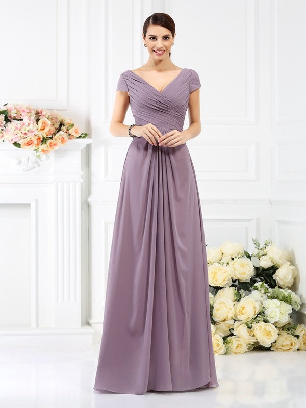 V-Neck Elegant Pleats Short Sleeves Long Chiffon Bridesmaid Dresses