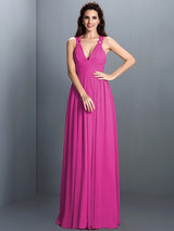 A-Line Charming V-neck Pleats Sleeveless Long Chiffon Bridesmaid Dresses