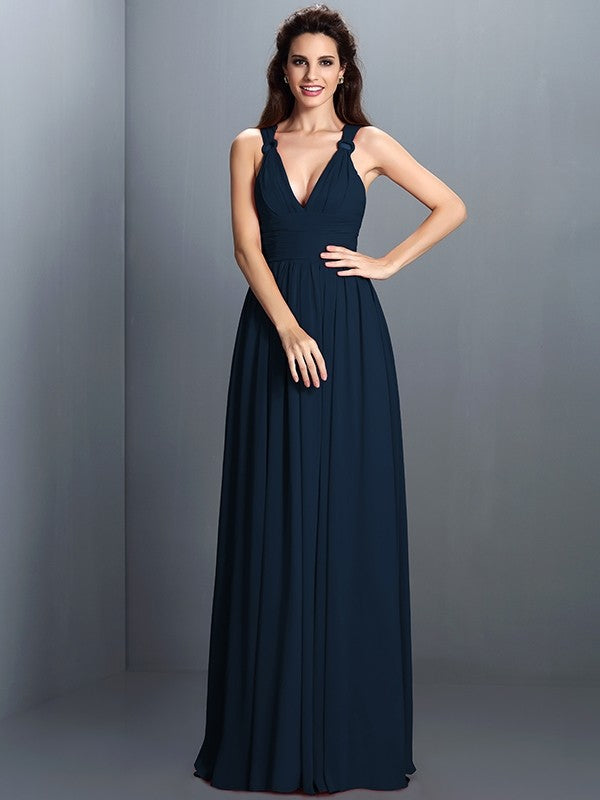 A-Line Charming V-neck Pleats Sleeveless Long Chiffon Bridesmaid Dresses