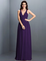 A-Line Charming V-neck Pleats Sleeveless Long Chiffon Bridesmaid Dresses