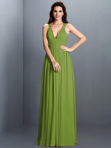 A-Line Charming V-neck Pleats Sleeveless Long Chiffon Bridesmaid Dresses