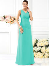 Charming V-neck Pleats Sleeveless Long Chiffon Bridesmaid Dresses