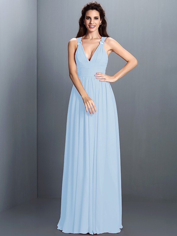 A-Line Charming V-neck Pleats Sleeveless Long Chiffon Bridesmaid Dresses