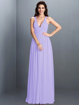 A-Line Charming V-neck Pleats Sleeveless Long Chiffon Bridesmaid Dresses