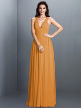 A-Line Charming V-neck Pleats Sleeveless Long Chiffon Bridesmaid Dresses