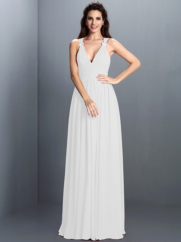 A-Line Charming V-neck Pleats Sleeveless Long Chiffon Bridesmaid Dresses