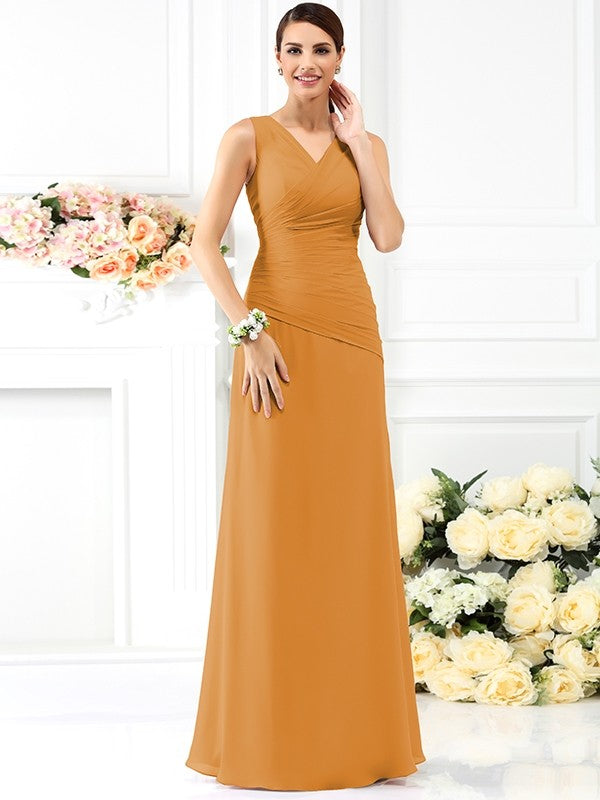 Charming V-neck Pleats Sleeveless Long Chiffon Bridesmaid Dresses