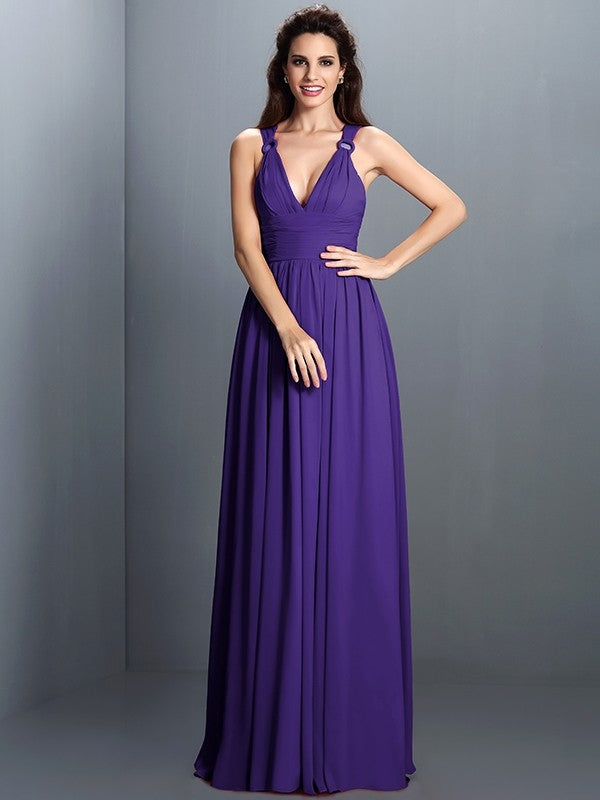 A-Line Charming V-neck Pleats Sleeveless Long Chiffon Bridesmaid Dresses