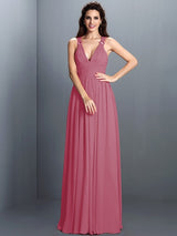 A-Line Charming V-neck Pleats Sleeveless Long Chiffon Bridesmaid Dresses