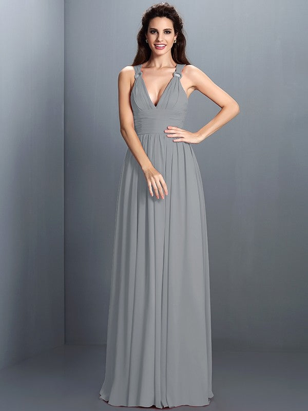 A-Line Charming V-neck Pleats Sleeveless Long Chiffon Bridesmaid Dresses