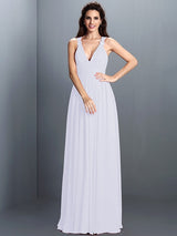 A-Line Charming V-neck Pleats Sleeveless Long Chiffon Bridesmaid Dresses