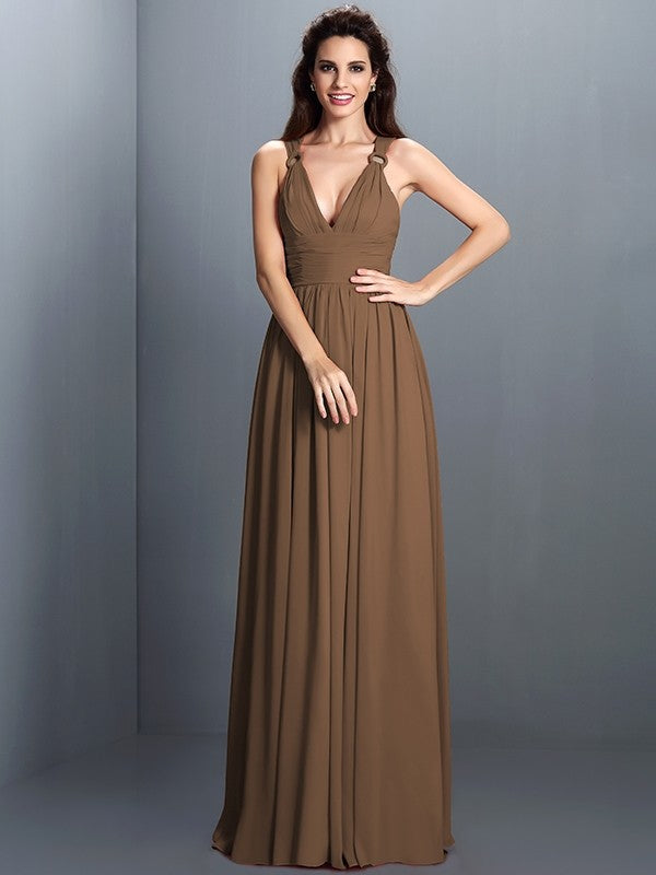 A-Line Charming V-neck Pleats Sleeveless Long Chiffon Bridesmaid Dresses