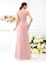 Charming V-neck Pleats Sleeveless Long Chiffon Bridesmaid Dresses