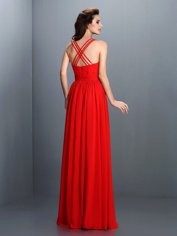 A-Line Charming V-neck Pleats Sleeveless Long Chiffon Bridesmaid Dresses