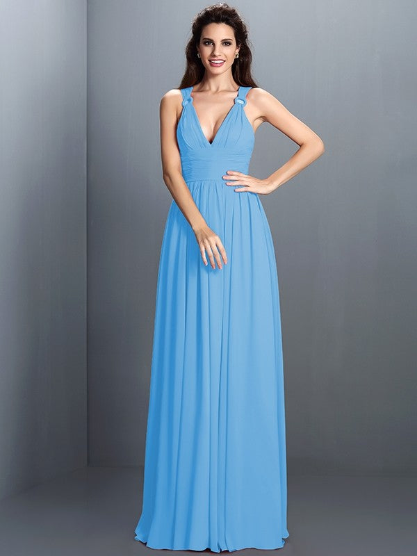 A-Line Charming V-neck Pleats Sleeveless Long Chiffon Bridesmaid Dresses