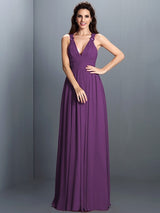 A-Line Charming V-neck Pleats Sleeveless Long Chiffon Bridesmaid Dresses