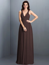 A-Line Charming V-neck Pleats Sleeveless Long Chiffon Bridesmaid Dresses