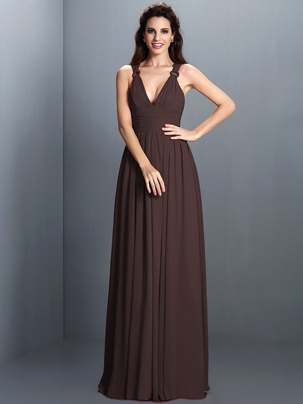 A-Line Charming V-neck Pleats Sleeveless Long Chiffon Bridesmaid Dresses