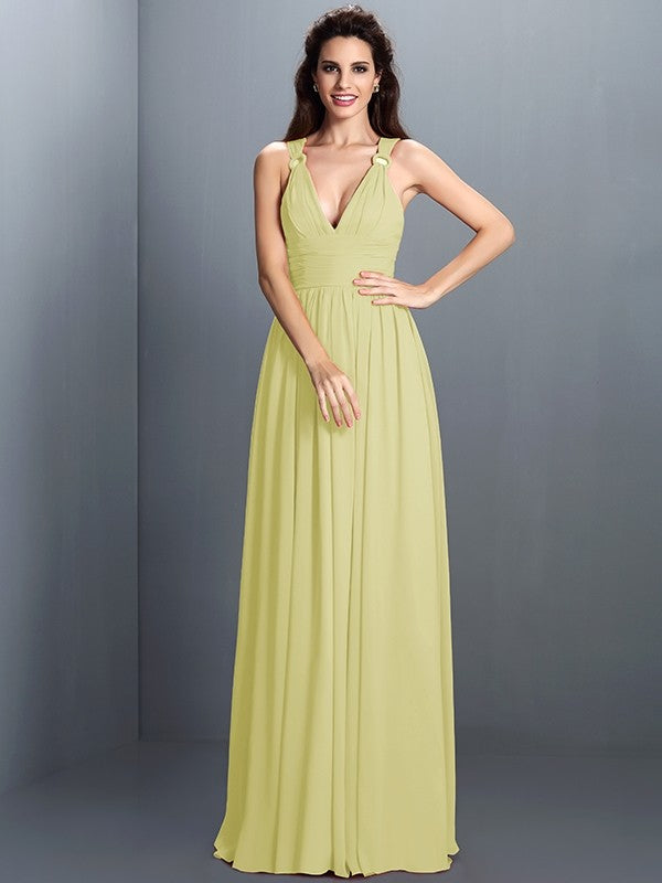 A-Line Charming V-neck Pleats Sleeveless Long Chiffon Bridesmaid Dresses