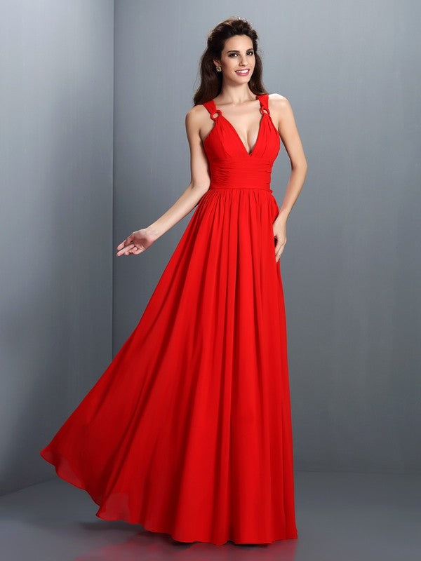 V-Neck Elegant Pleats Sleeveless Long Chiffon Bridesmaid Dresses