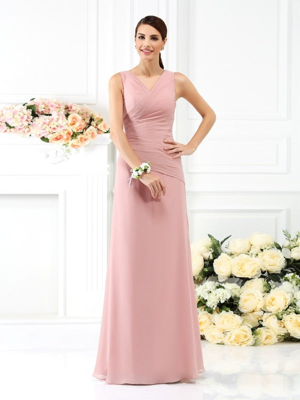 V-Neck Elegant Pleats Sleeveless Long Chiffon Bridesmaid Dresses