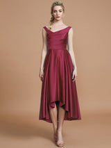 A-Line Charming V-neck Satin Asymmetrical Sleeveless Bridesmaid Dresses