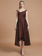 A-Line Charming V-neck Satin Asymmetrical Sleeveless Bridesmaid Dresses