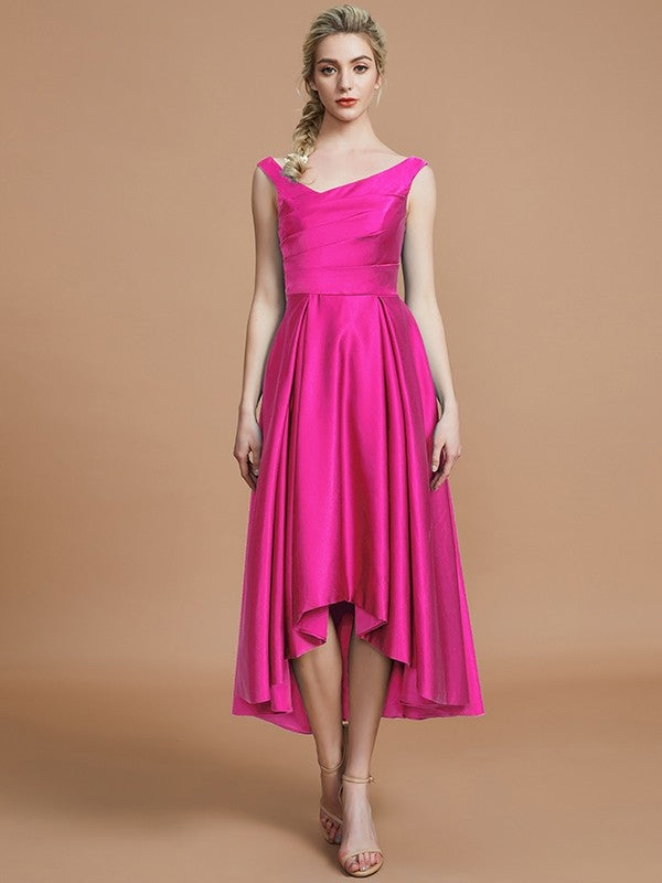 A-Line Charming V-neck Satin Asymmetrical Sleeveless Bridesmaid Dresses