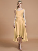 A-Line Charming V-neck Satin Asymmetrical Sleeveless Bridesmaid Dresses