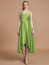 A-Line Charming V-neck Satin Asymmetrical Sleeveless Bridesmaid Dresses