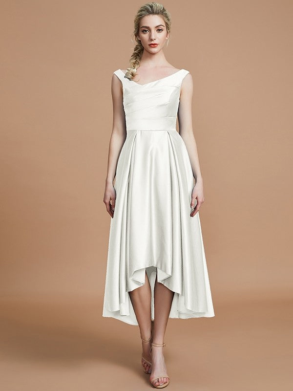 A-Line Charming V-neck Satin Asymmetrical Sleeveless Bridesmaid Dresses