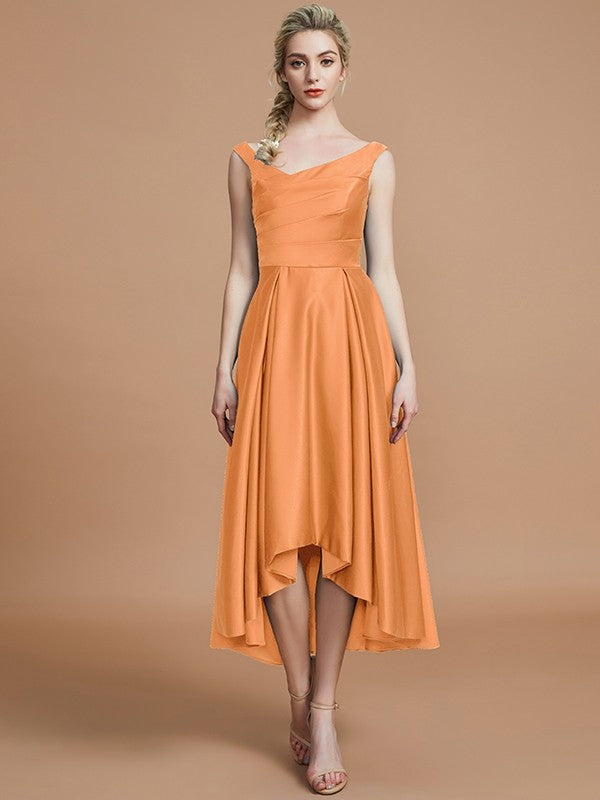 A-Line Charming V-neck Satin Asymmetrical Sleeveless Bridesmaid Dresses