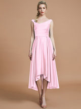 A-Line Charming V-neck Satin Asymmetrical Sleeveless Bridesmaid Dresses